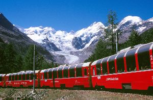 Enjoying the scenic Alps aboard the Bernina Express.